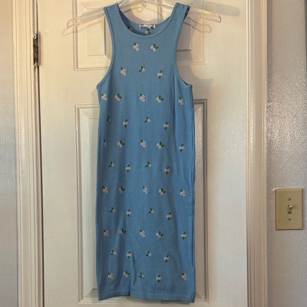 Zara Blue Midi Dress with Floral Accents